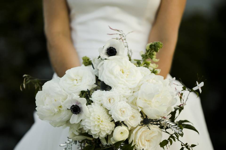 Bridal gown and bouquet