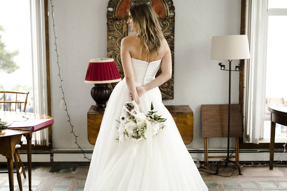 Bridal gown and bouquet