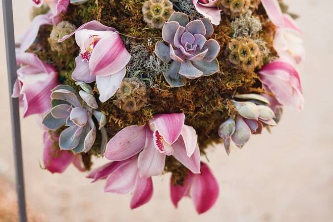 Succulent and orchid pomander at side of wedding aisle. Photo by Jake Holt Photography.