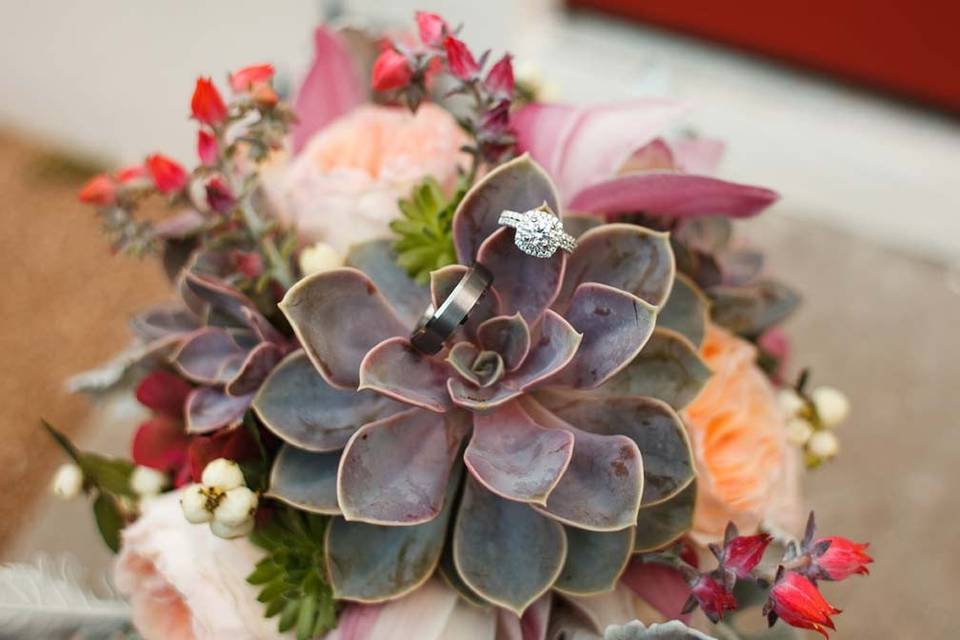 Succulent bouquet with wedding rings on leaves. Photo by Jake Holt Photography.