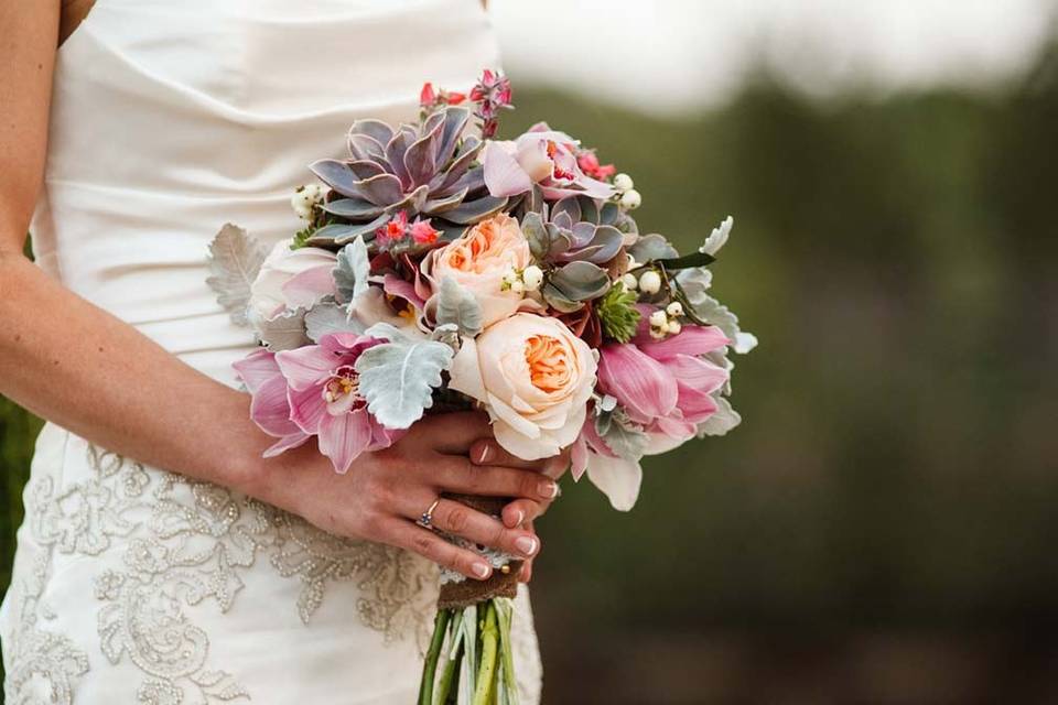 Succulent bouquet for outdoor wedding in Austin, TX.Photo by Jake Holt Photography.