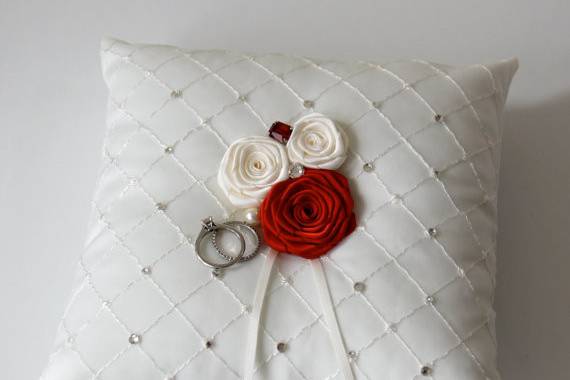 Ring Bearer Pillow with Hand Made Ribbon Roses, pearls, crystals and rhinestones