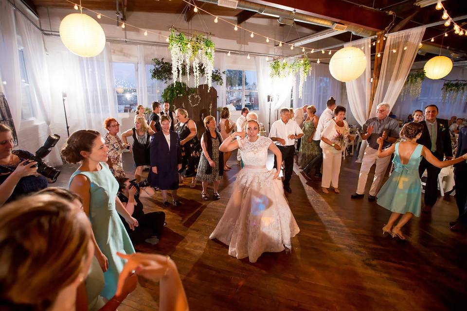 The bride and groom emerging