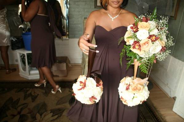 Bride's bouquet w/ locket of deceased brother attached, and 2 flower girl pomanders