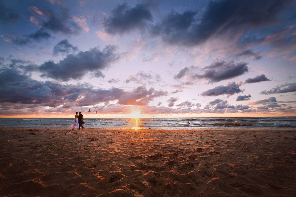 Couple Walking Beach Sunset