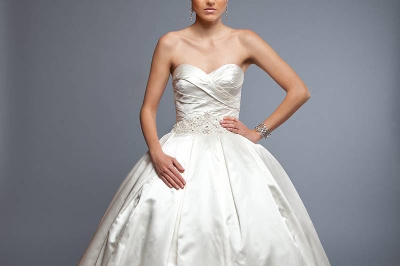 VanessaBMW Silk Satin.  Ball Gown. Sweetheart neckline with drop waist and draped bodice. Skirt has inverted pleats