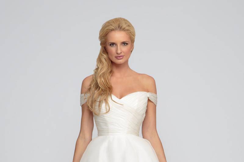 Margaret  Silk Organza.  Natural waist A-line gown with side box pleats and cathedral length train.  Sweetheart neckline with off the should organza sleeves.