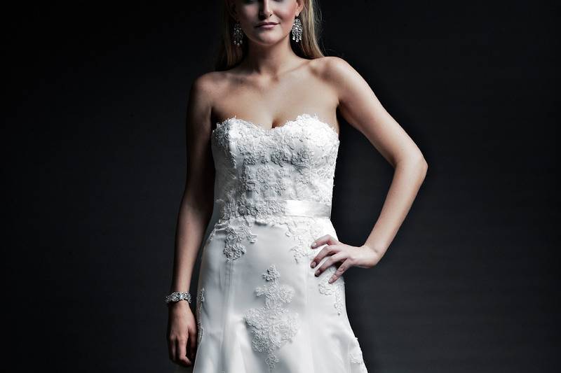Miriam  Re-Embroidered lace.  Modified A-Line gown with cathedral train.  Strapless sweetheart neckline bustier.  Hand placed re-embroidered lace on bodice and skirt.  natural waist is accented with lace applique sash.