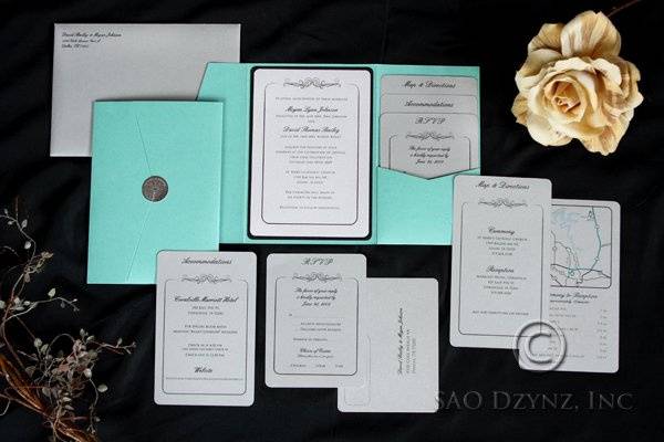 Custom designed Pocketfold Wedding Invitation with InsertsLike what you see? View more work here: http://www.saodzynz.com and http://www.facebook.com/pages/SAO-D-ZYNZ-Inc/94645717447