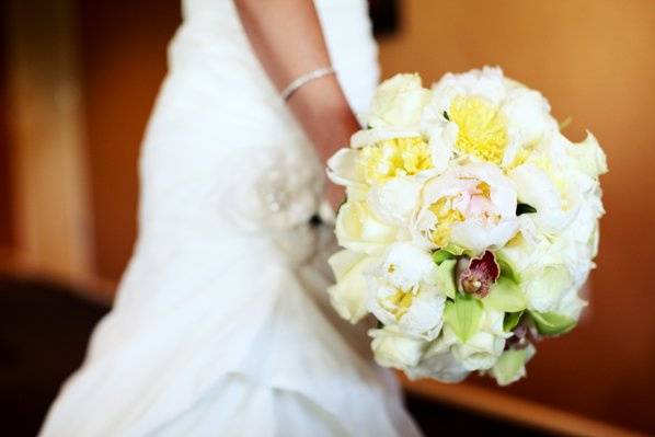 Peony, roses and Cymbidium Orchid Bouquet. So elegant and stunning.