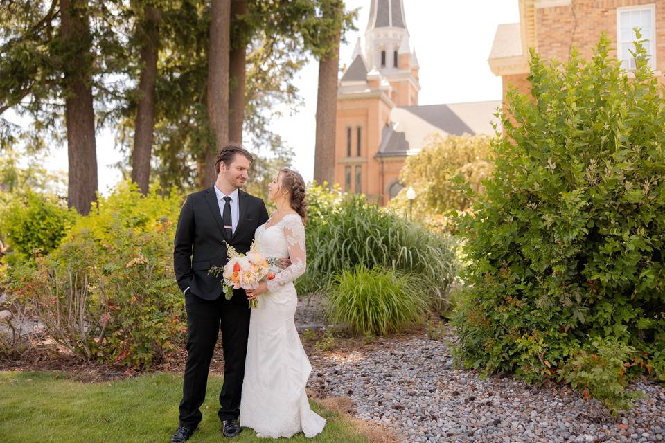 Bride & groom at cathedral