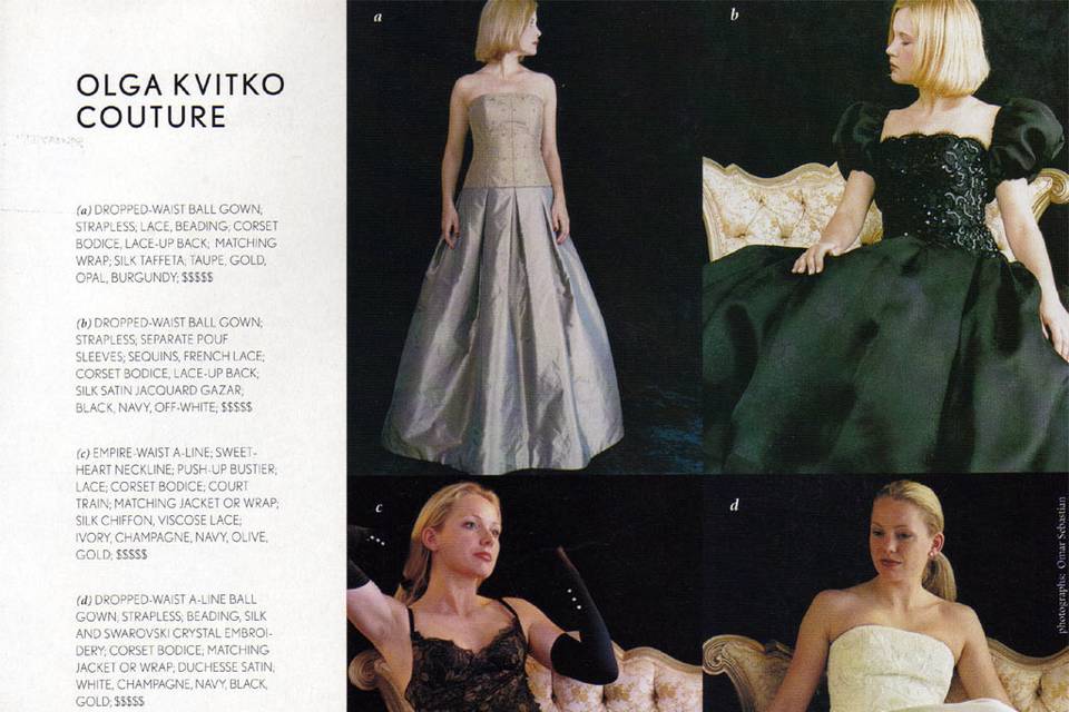 The Knot magazine page featured Olga Kvitko Couture ball gowns