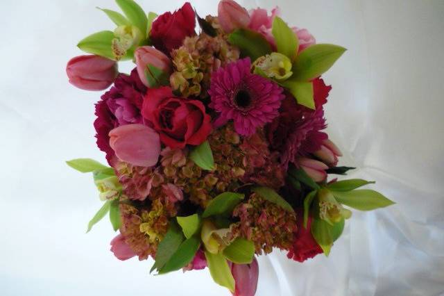 Green cymbidium orchids, hot pink mini gerbers, dark pink hydrangea, and pink tulips combine in this spring bouquet.