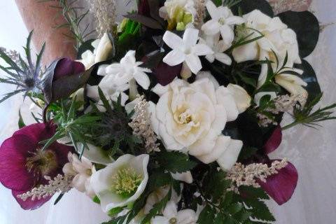 Elegant flowers combine in this bouquet.  Stephanotis, gardenia, burgundy hellebore, blue thistle, and lemon leaf greens create the look.