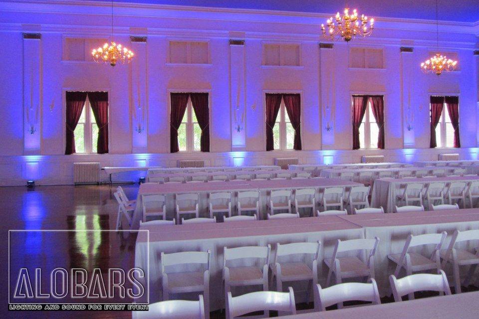 Blue uplights and chandelier lights