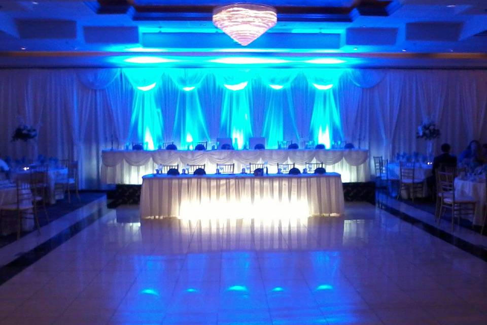 Blue uplighting behind the head table