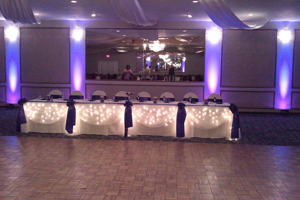 Purple up-lights at st. Mary's crystal chalet! With bella catering