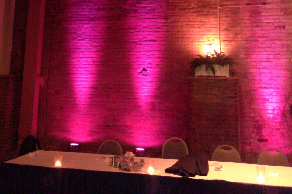 Pink up-lighting at windows on the river downtown!