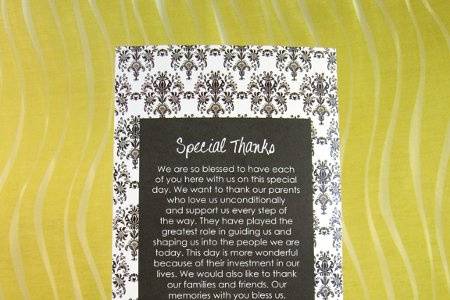 Ceremony Programs in Black and White Damask with Apple Green Accent, Back