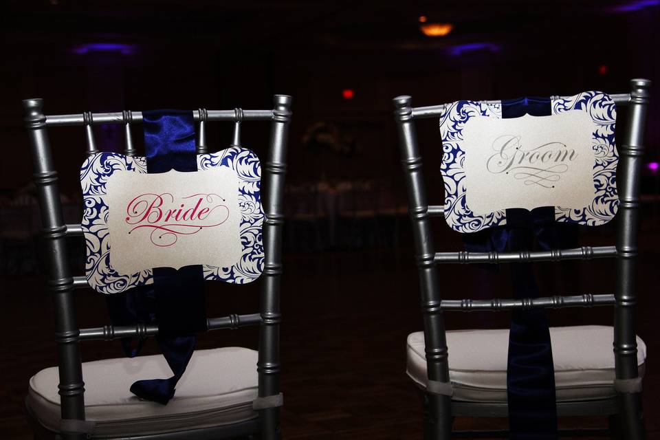 Purple, Silver, and Hot Pink Bride & Groom Chair Signs