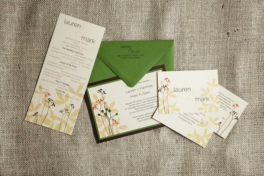 Moss Green, Orange, and Brown Modern Fall Invitation Suite and Ceremony Program