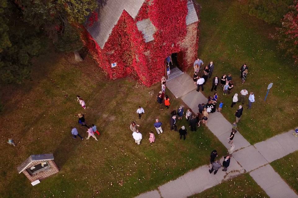 Old Base Chapel Plattsburgh, NY - Aerial View. Guests Post-ceremony