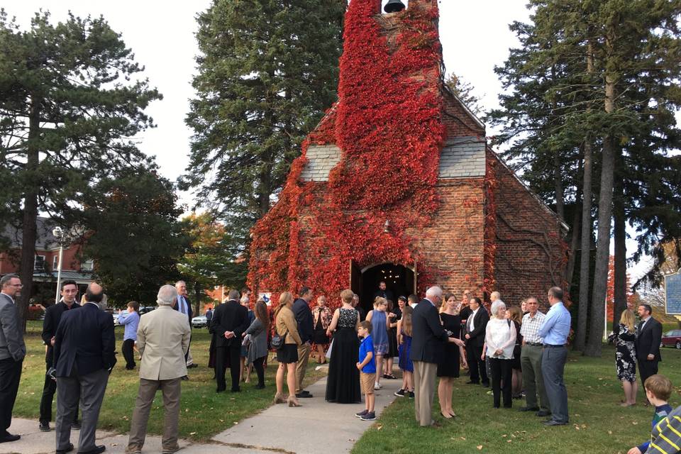 Old Base Chapel Plattsburgh, NY - Ground View. Post ceremony guests