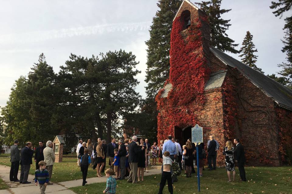 Old Base Chapel Plattsburgh, NY - Ground View. Post ceremony guests