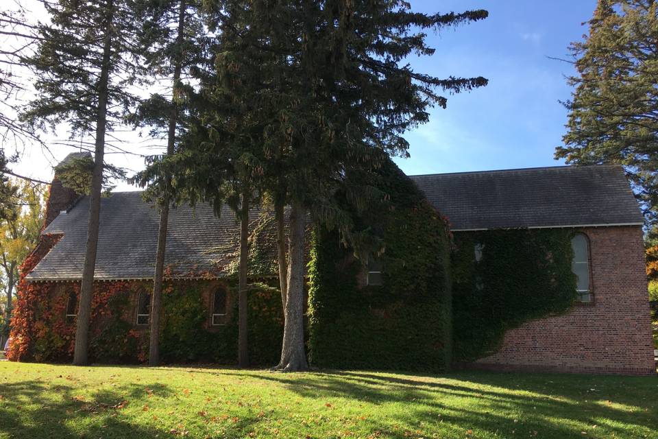 Old Base Chapel Plattsburgh, NY - Ground View. Beautiful foliage