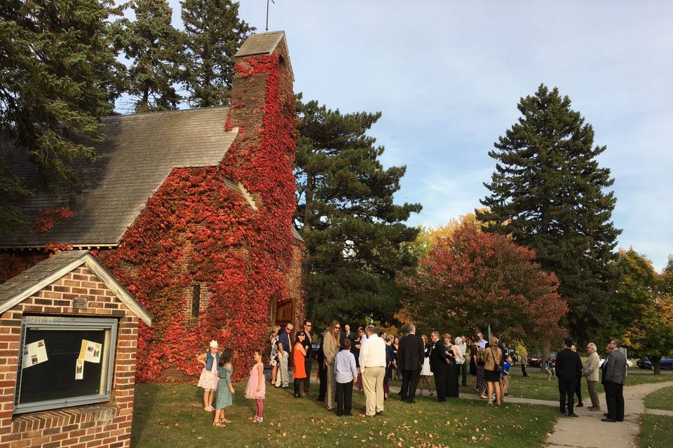 Old Base Chapel Plattsburgh, NY - Ground View. Post ceremony guests