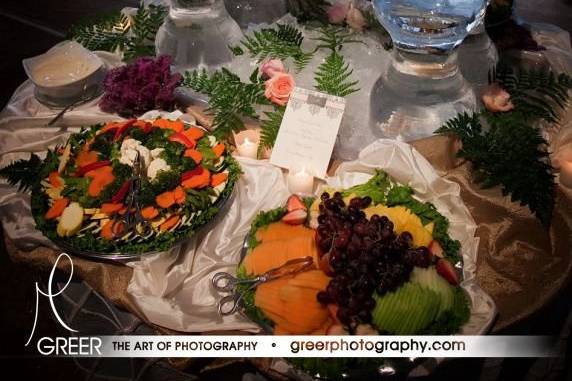 Monogrammed Ice Sculpture surrounded with Fruit, Cheese and Vegetable Trays