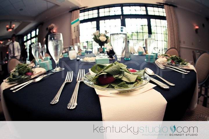 A very classic place setting with a fresh pre-set salad.