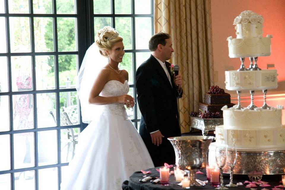 A nice picture of the wedding cake and the happy couple.
