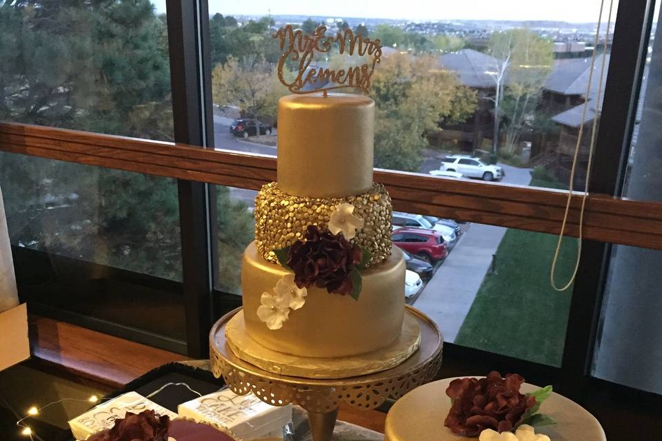 Wedding cake with bits of pastel colors