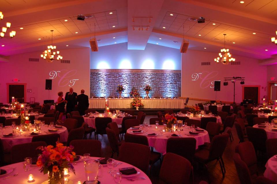 All Sounds Unlimited up lighting and decor at the Urbana Conference Center in Urbana, Ohio for a wedding