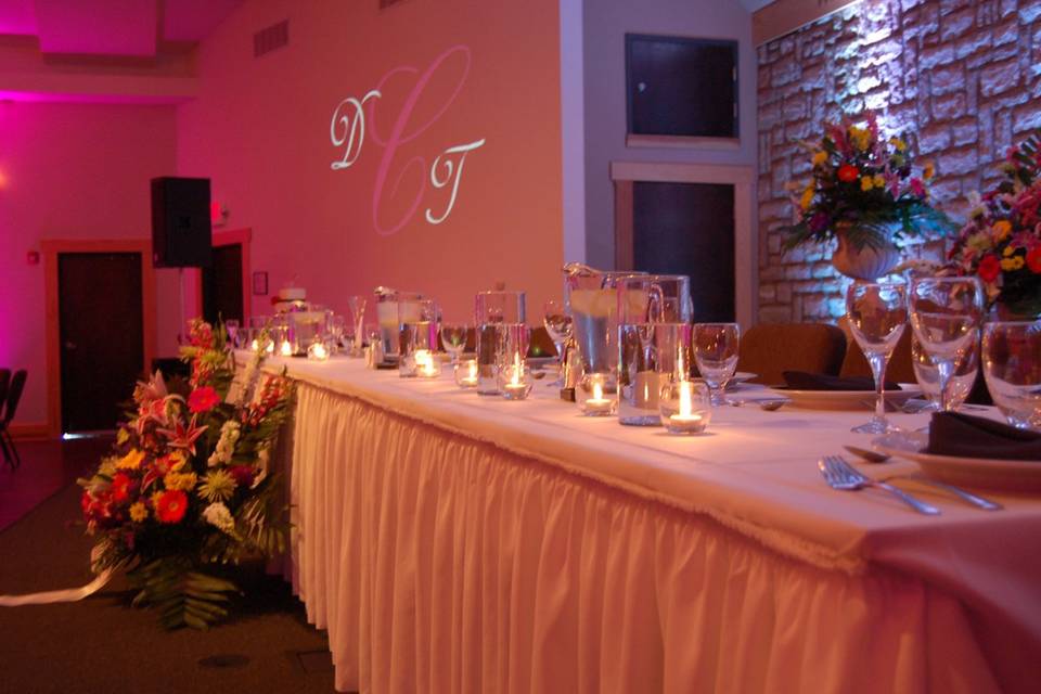 All Sounds Unlimited beautiful head table and monogram Urbana Conference Center in Urbana, Ohio for a wedding