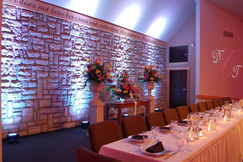 All Sounds Unlimited up lighting and decor at the Urbana Conference Center in Urbana, Ohio for a wedding