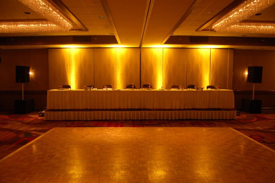 All Sounds Unlimited beautiful head table and monogram Urbana Conference Center in Urbana, Ohio for a wedding