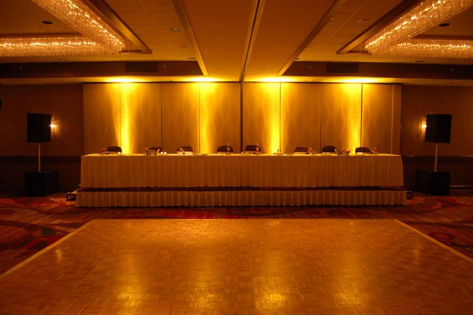 All Sounds Unlimited up lighting and decor at the Crowne Plaza in Downtown Dayton, Ohio for a wedding