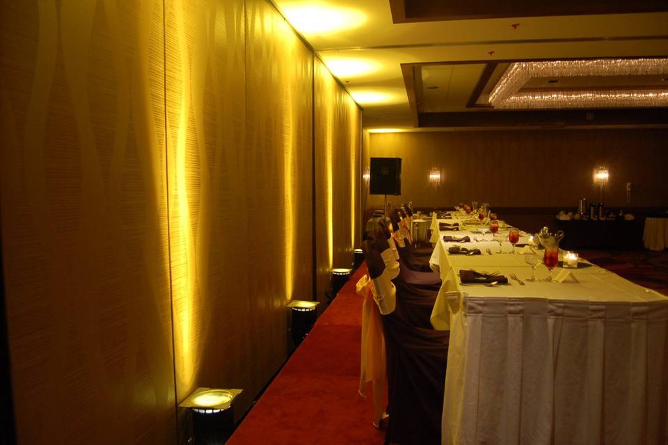 All Sounds Unlimited up lighting and decor at the Crowne Plaza in Downtown Dayton, Ohio for a wedding