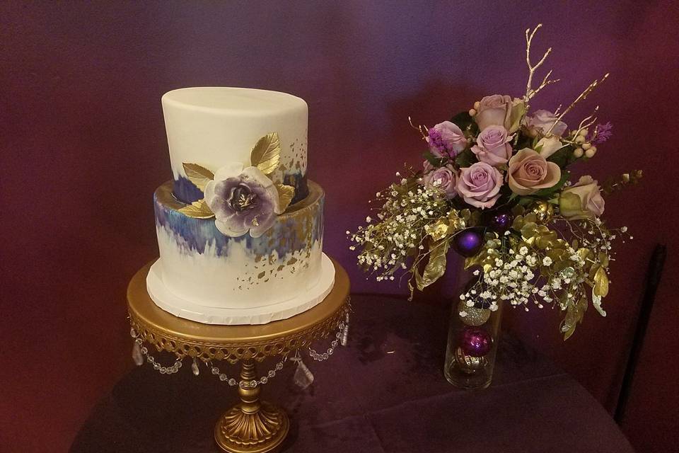 watercolor purple and gold wedding cake