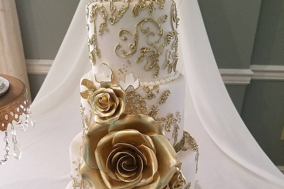 Hand piped gold, gold roses, 50th Anniversary cake