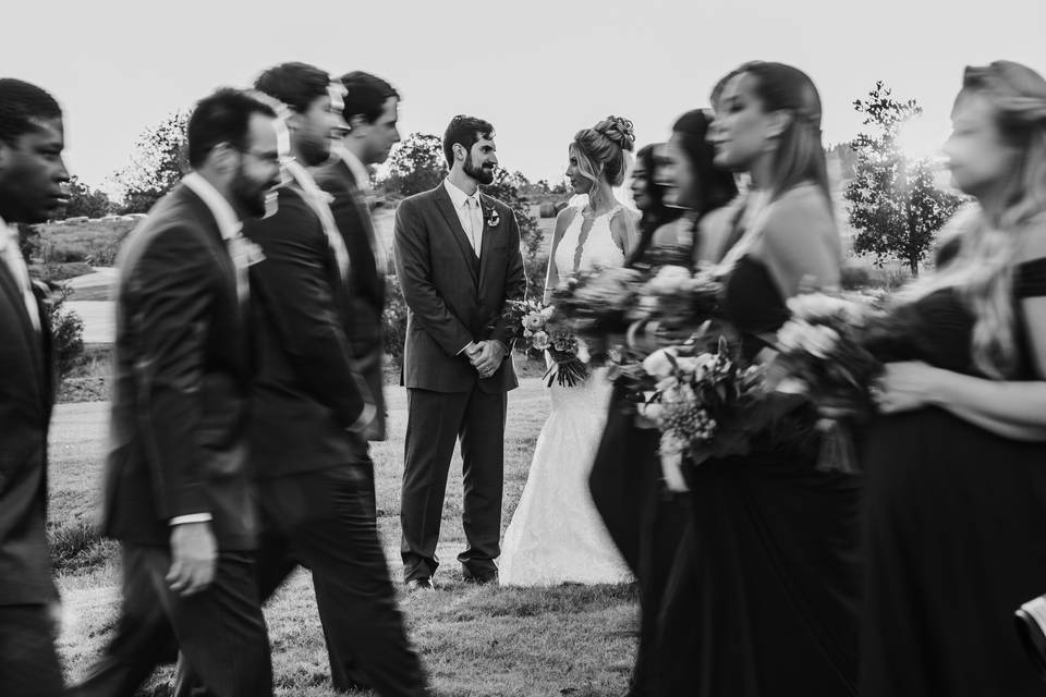 Black and white photo of the wedding party