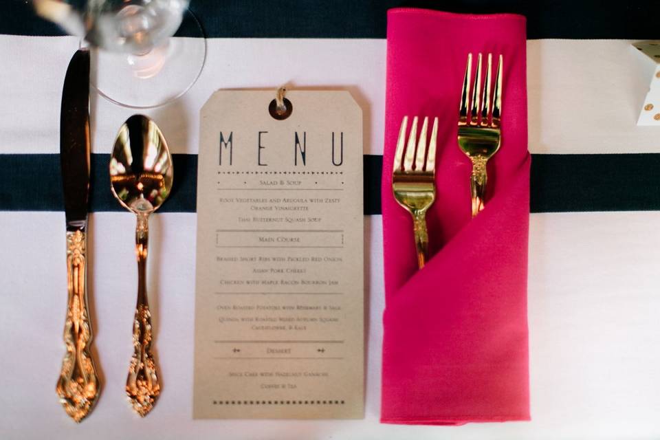 Gold cutlery and menu