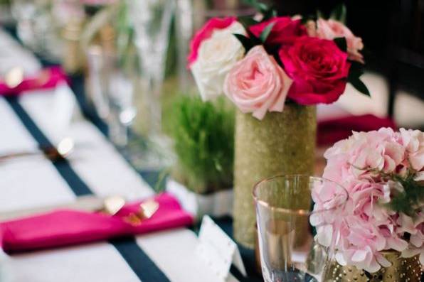 Table setting and flower arrangements