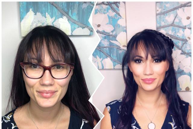Before and After Hair and Makeup. Half up do.