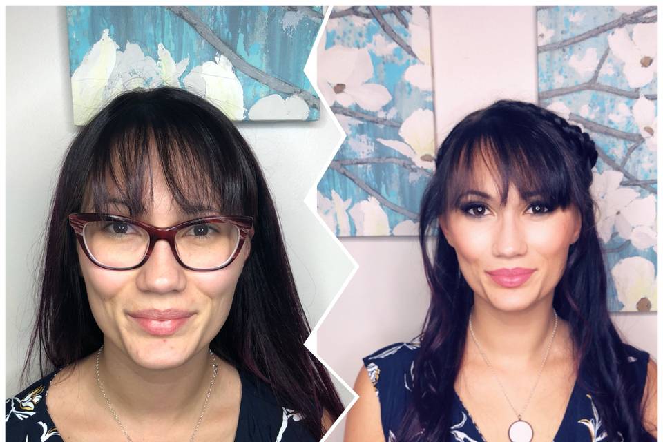 Before and After Hair and Makeup. Half up do.