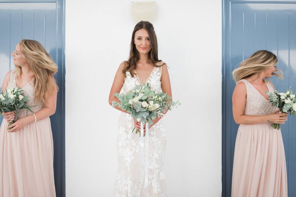 Bride with her fun bridesmaids