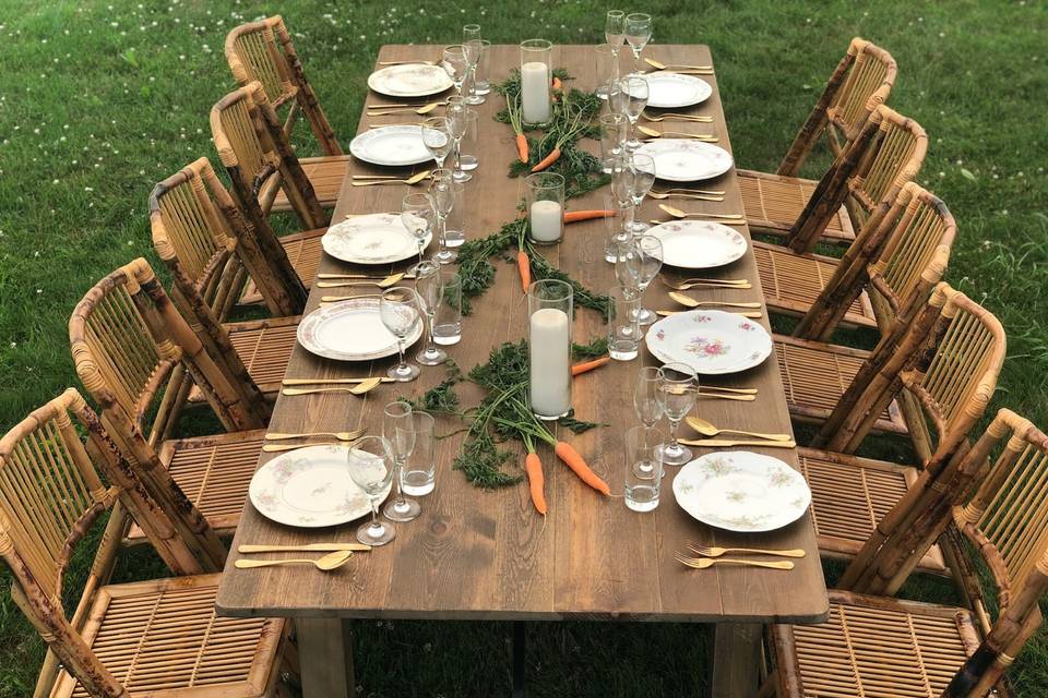 Farm table and bamboo chairs