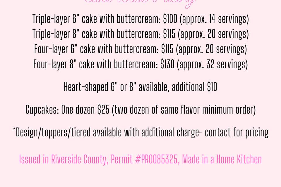 Cake flavors and pricing